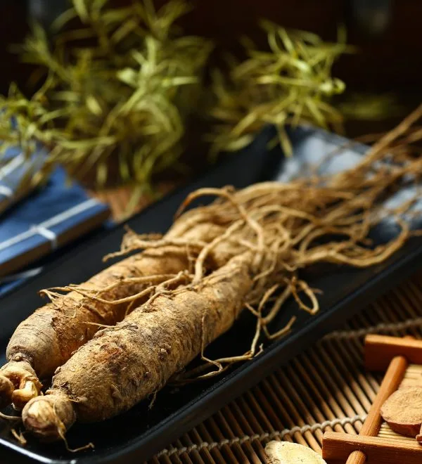 Fresh ginseng roots on a black ceramic tray