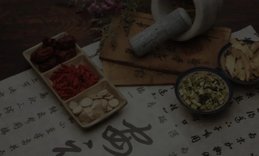 Chinese herbal medicine tray with mortar and pestle